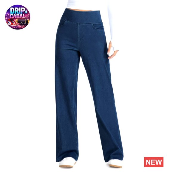Wide Leg High Waisted Stretchy Jeans Pull On Baggy Straight Denim Pants